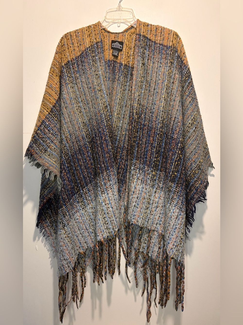 Angie Kimono Shawl No Arm Holes Fringe Hem Detail Dark Colors One Size